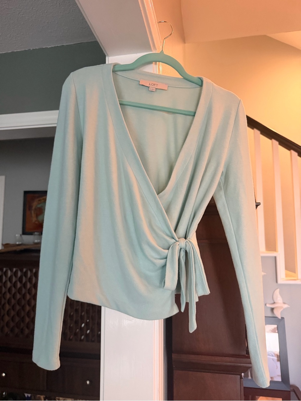 LOFT Mint Wrap Tie-Front Long Sleeve Top